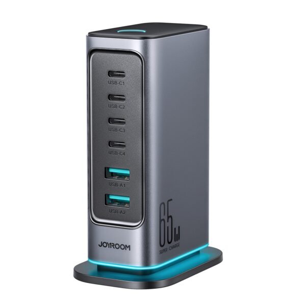 joyroom-jr-tcm02-65w-6-port-gan-desktop-charger-uk-dark-gray JOYROOM JR-TCM02 65W charger dark gray UK version