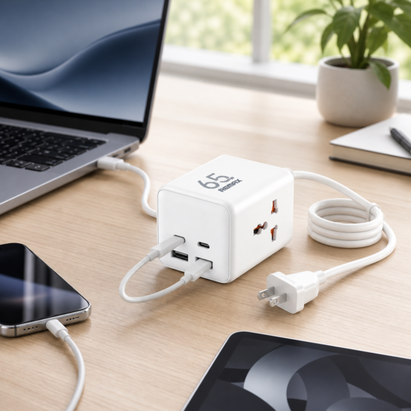 REMAX RP-U157 desktop charging setup REMAX RP-U157 charging a laptop and phone on a modern desk