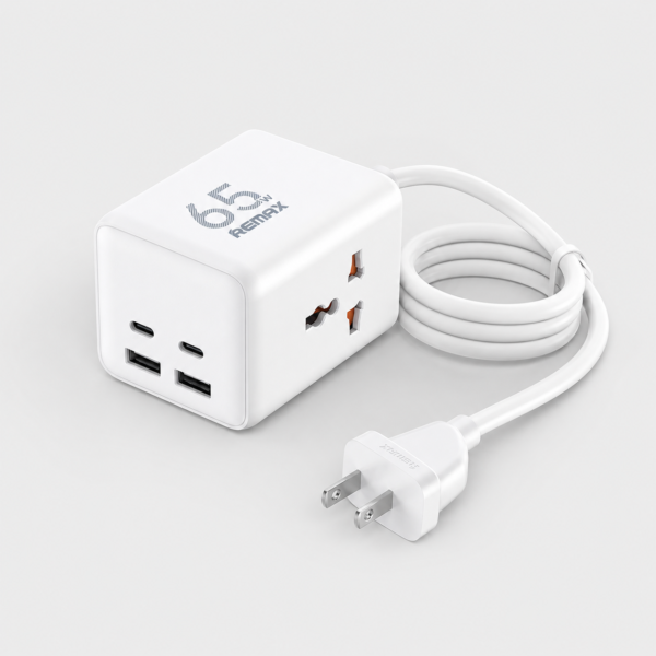 REMAX RP-U157 65W GaN Power Strip REMAX RP-U157 white 65W GaN power strip with US plug, two USB-C ports and two USB-A ports